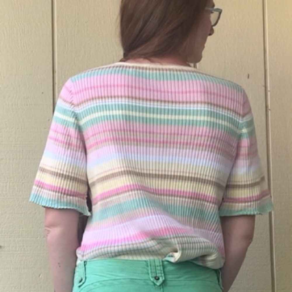 VINTAGE Liz Claiborne Sweater elbow sleeve Pastel Rainbow striped ribbed cotton - Picture 8 of 12